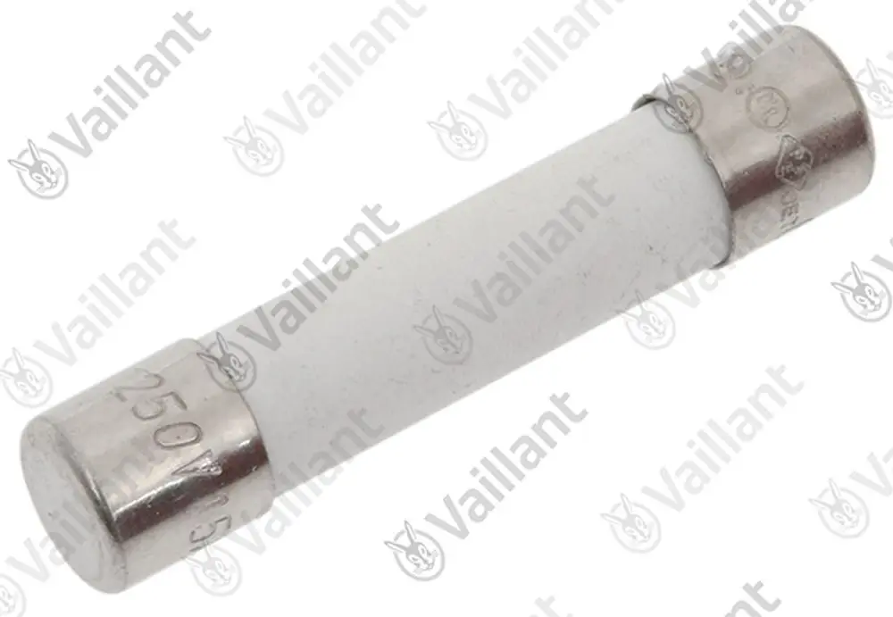 Vaillant Sicherung in zylindrischer Form mit metallischen Enden. Weißer Körper, möglicherweise Bestandteil eines Heizsystems.